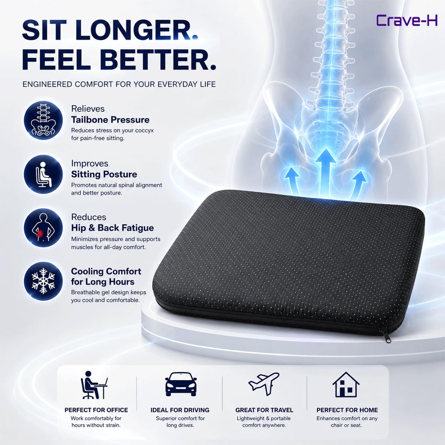 Crave-H Gel Seat Cushion with Cover, Double Thick Honeycomb Cushion for Office Chair, Car Seat & Wheelchair, Ergonomic Pressure Relief Support Pad