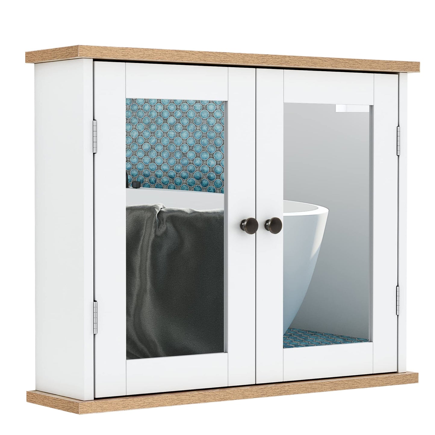 kleankin Bathroom Mirror Cabinet Wall Mounted Storage Cupboard with Double Door and Adjustable Shelf, White