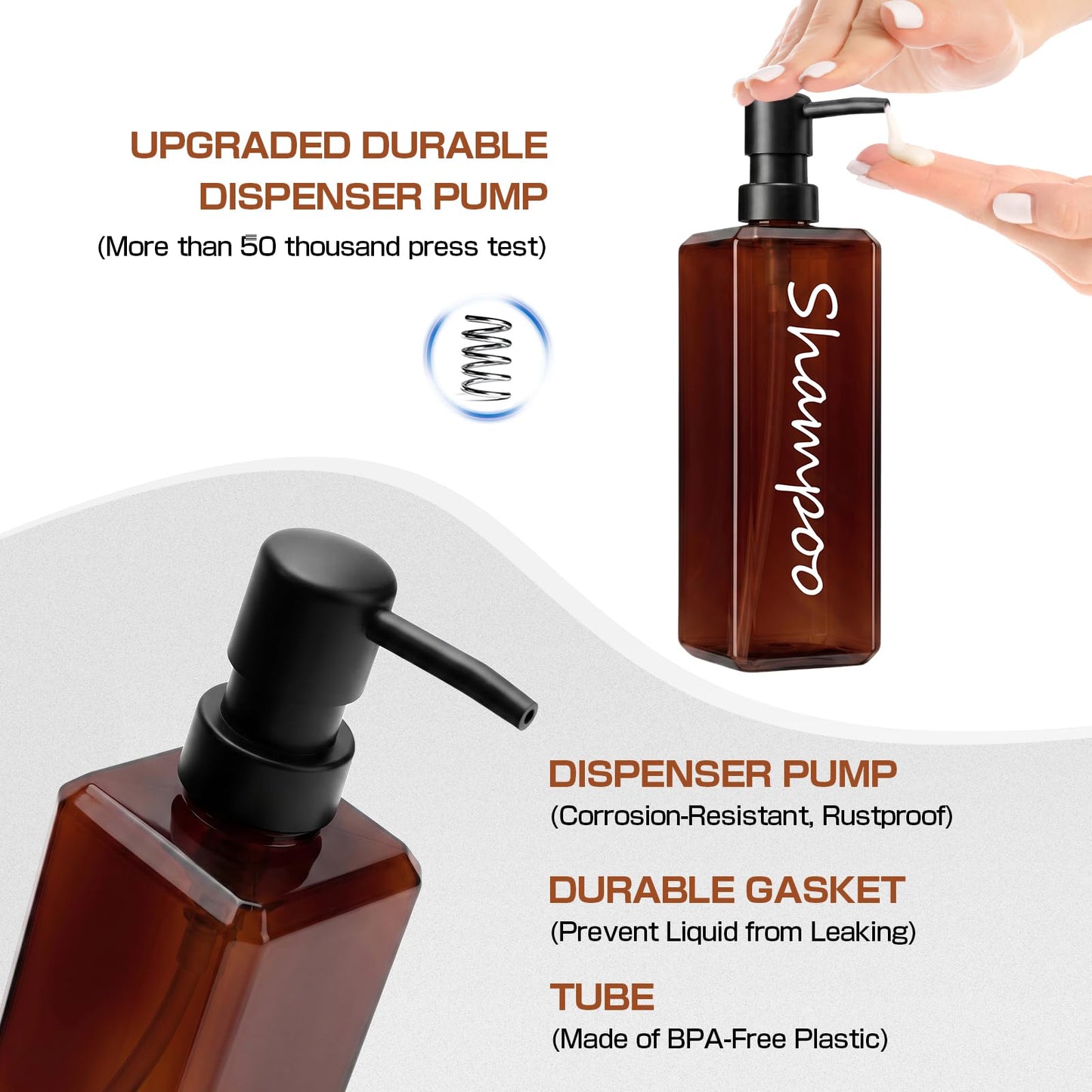 GMISUN Shampoo and Conditioner Dispenser, 17 Fl oz / 500ml Square Shower Gel Dispenser, Refillable Shampoo Bottles