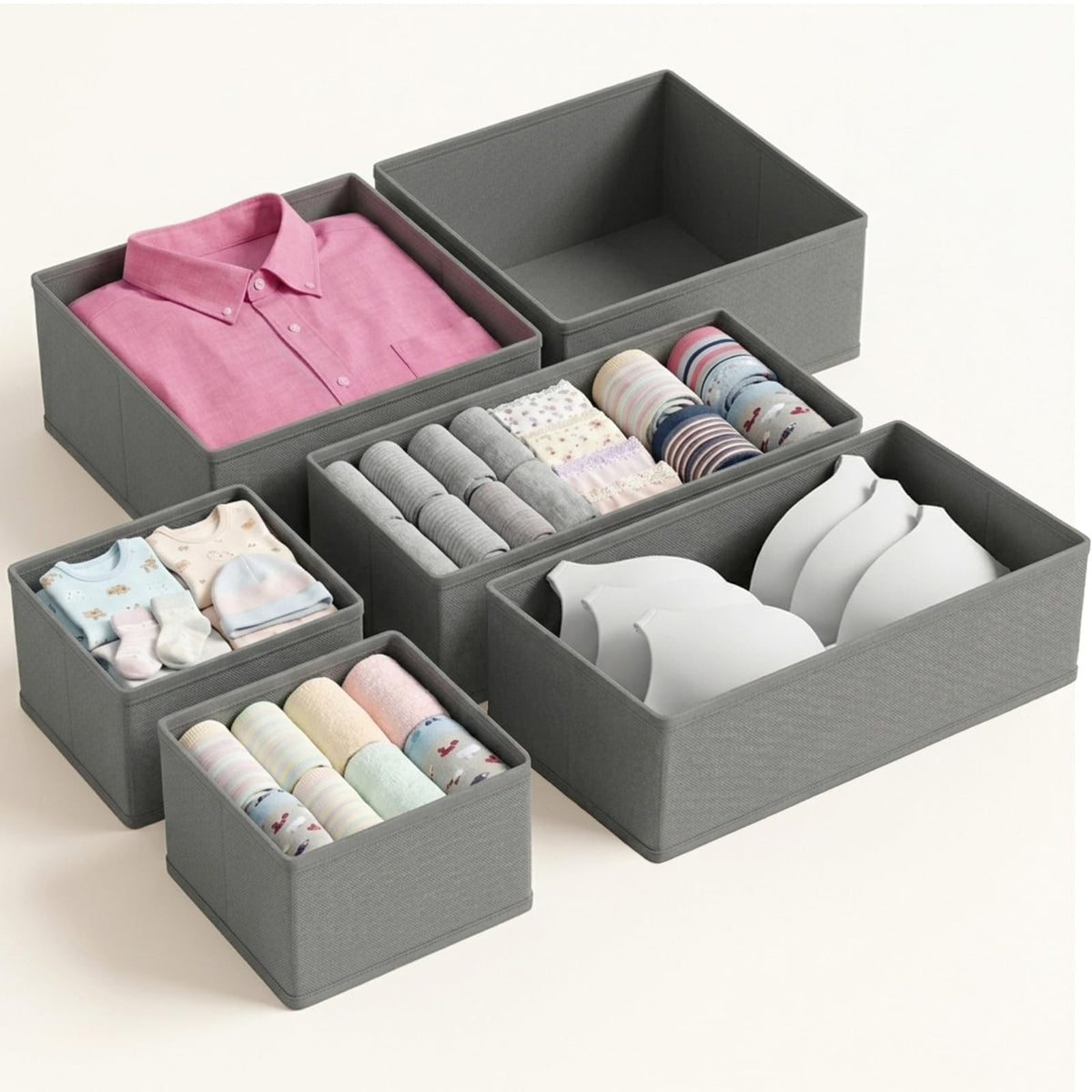 QINGGENG Drawer Organiser Foldable, 6 Pack Grey Fabric Drawer Dividers, Wardrobe Storage Organiser for Drawers, Closet