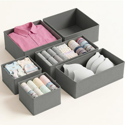 QINGGENG Drawer Organiser Foldable, 6 Pack Grey Fabric Drawer Dividers, Wardrobe Storage Organiser for Drawers, Closet