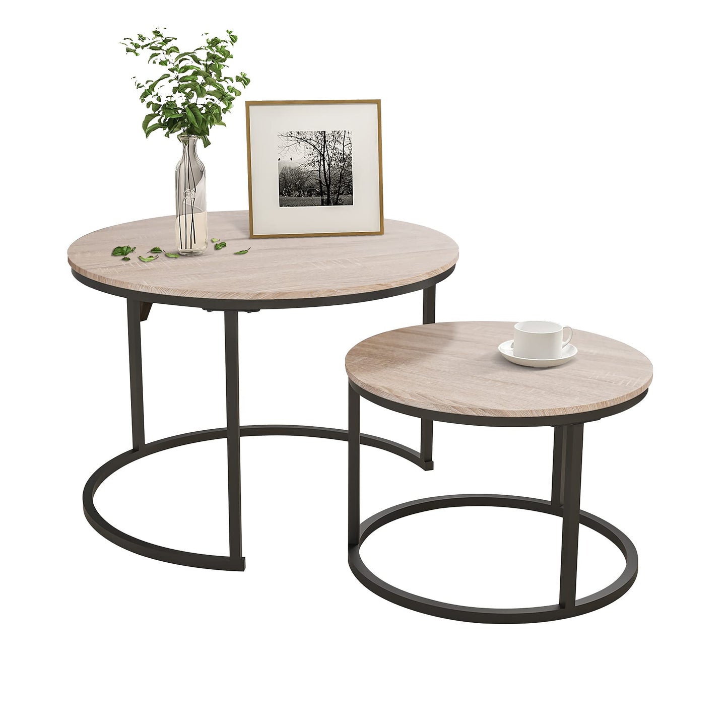 HOJINLINERO Black Round Coffee Table Set of 2 Side/End Table for Living Room, Bedroom Decorations