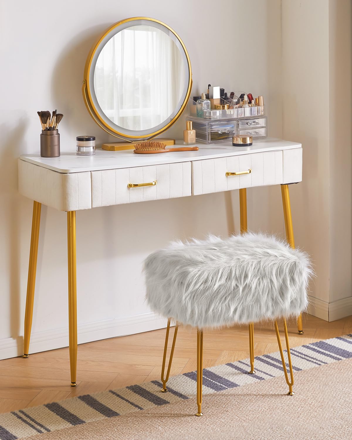 IBUYKE Rectangular Faux Fur Vanity Stool with Storage, Gray WBD022G
