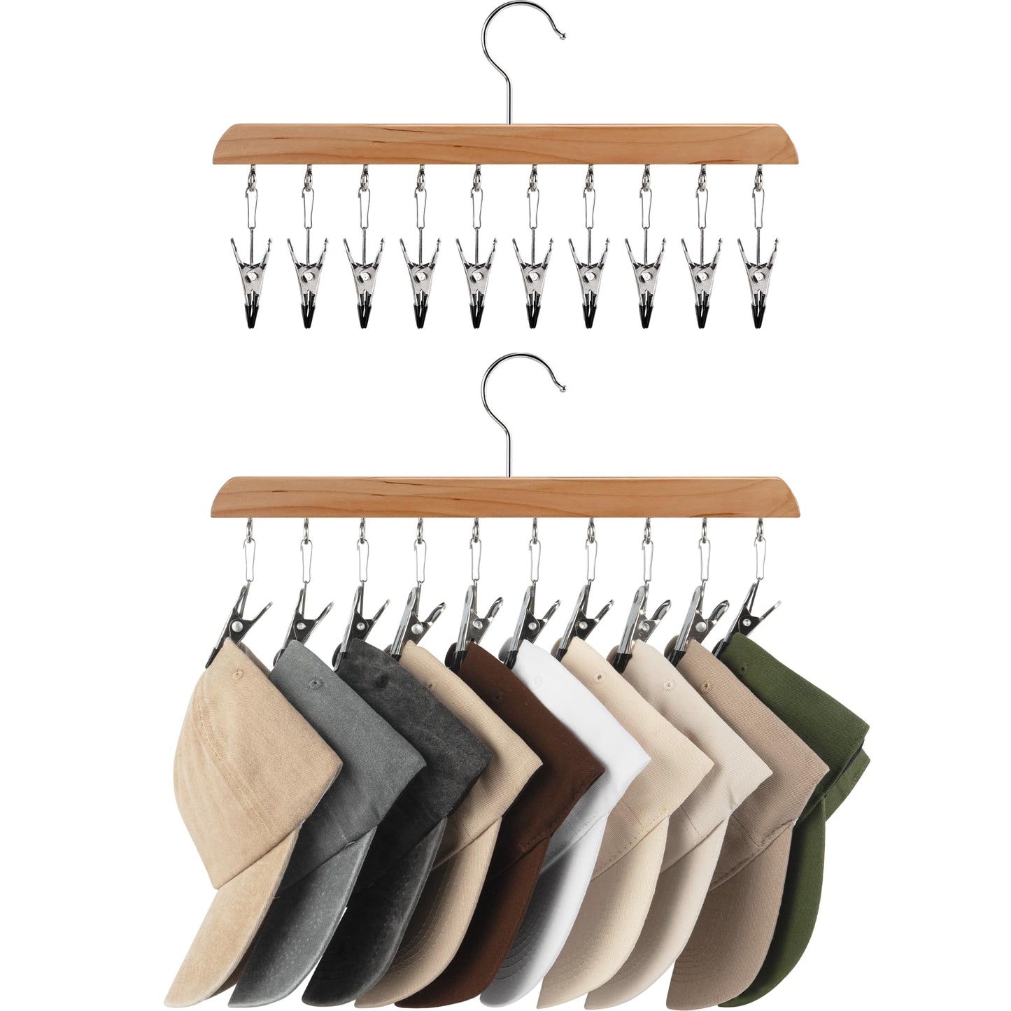 StorageWorks Hat Rack, Set of 2 Wooden Hangers with Adjustable Stainless Steel Clips, Heavy Duty Wardrobe Organiser and Storage for Baseball Caps