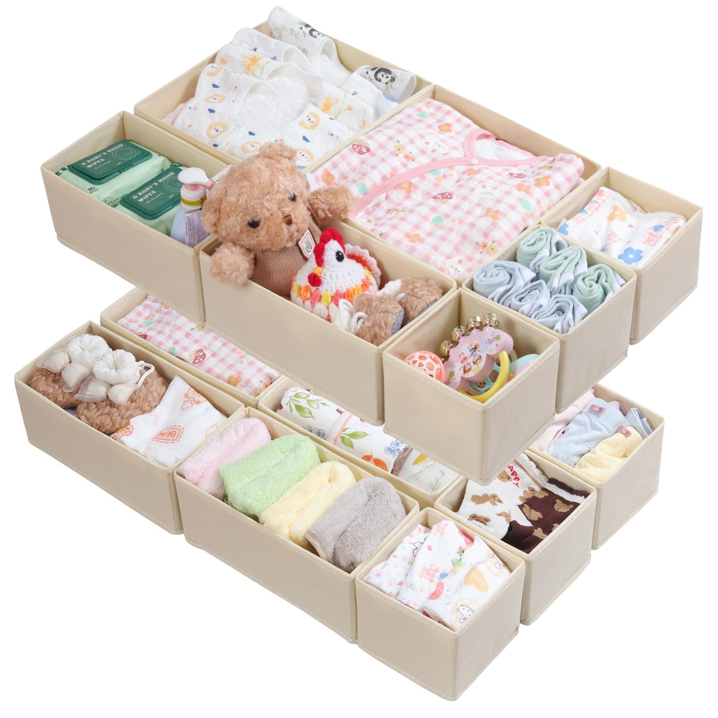ORLISA Malm Organiser for Clothes Dresser Drawers Organiser for Clothes - Foldable, for Wardrobe or Dresser, Pack of 14, Beige