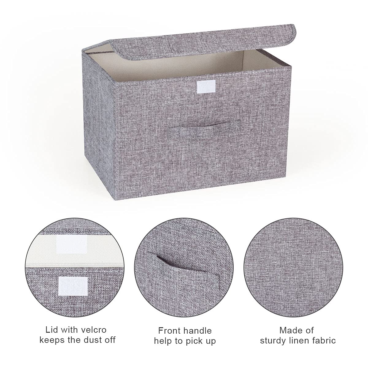 Booxihome 3Pcs Fabric Storage Boxes With Lids For Wardrobe Clothes Toy Foldable Linen 37 * 24 * 25cm (Grey)