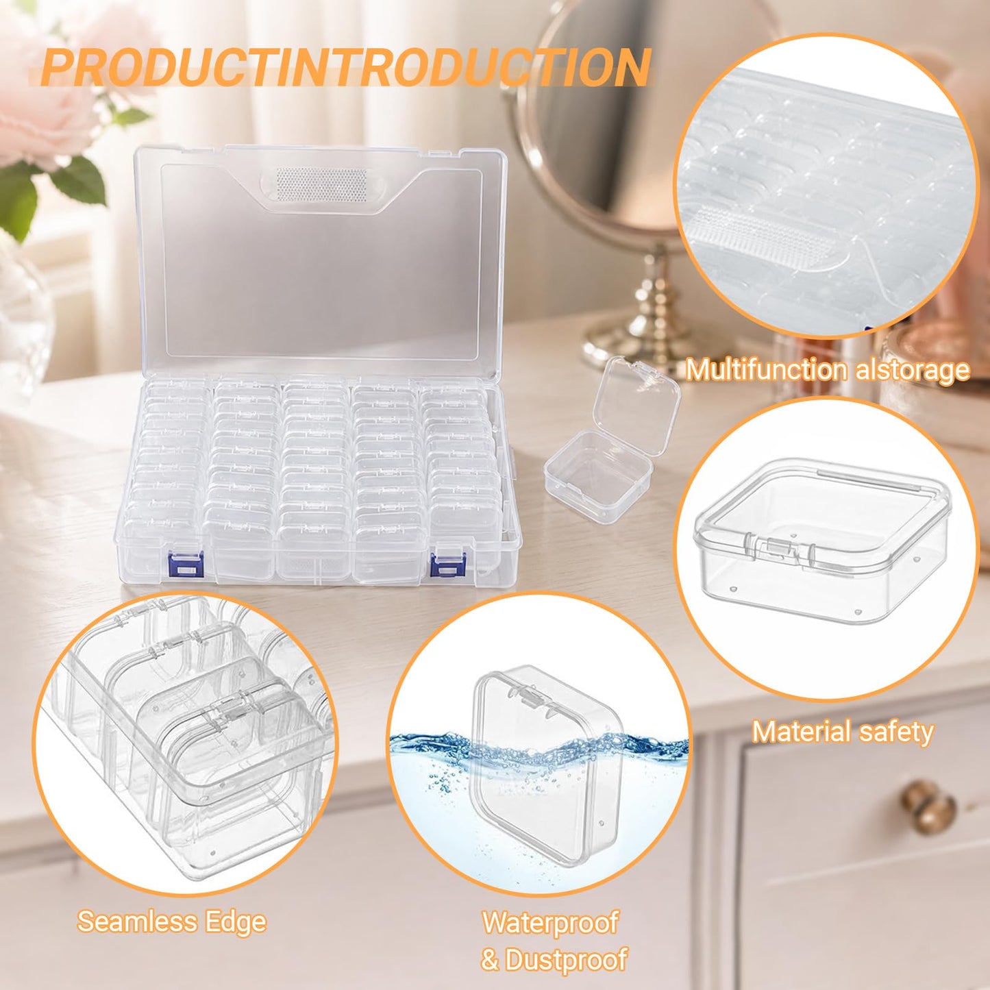 Bead Storage Box, 46 Pcs Bead Organizer Box, Containers Case with Hinged Lid Mini Transparent Organiser Boxes Diamond Art Storage Tabletop Boxes