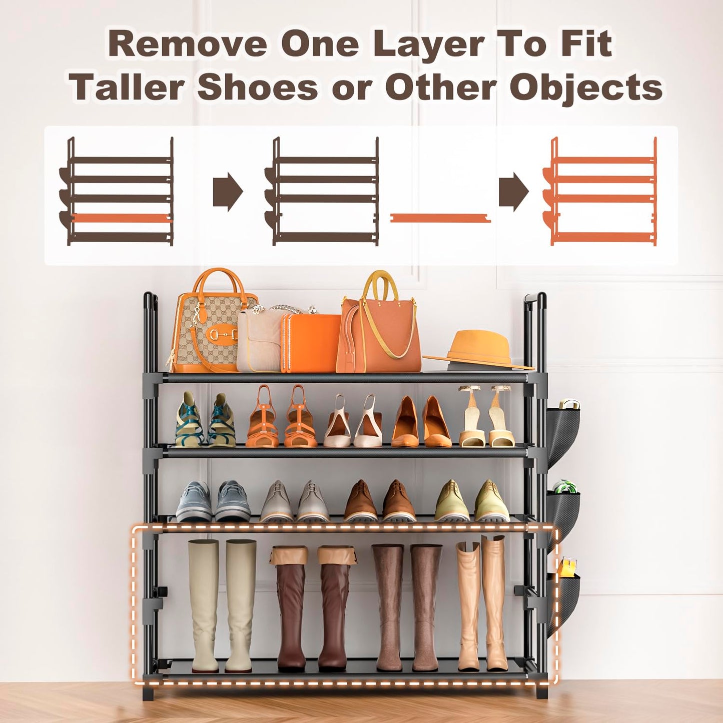 OYREL Shoe Rack 5 Tier 20-25 Pairs Shoes, Large Shoe Storage with Side Bag