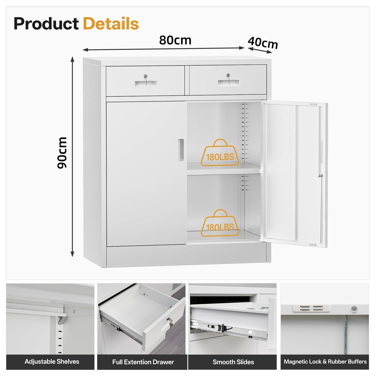 Metal Storage Cabinet, 90cm Locking Storage Cabinet with Doors, Steel Storage Cabinet with 2 Drawers and Adjustable Shelf for Garage, Home, Office