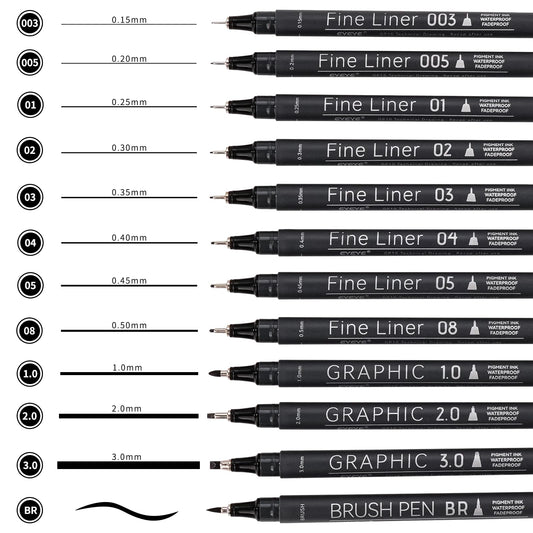 EYEYE Micro Fineliner Pens, Black Drawing Art Pens,12 Archival Pen Waterproof Ink Set Artist Supplies Archival Inking Markers Sketch Outline Pen,