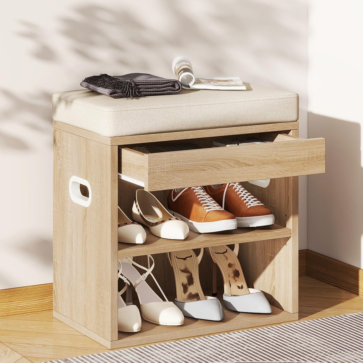 YMYNY Small Shoe Storage Bench with Cushion & Drawer, Light Natural HSC002R