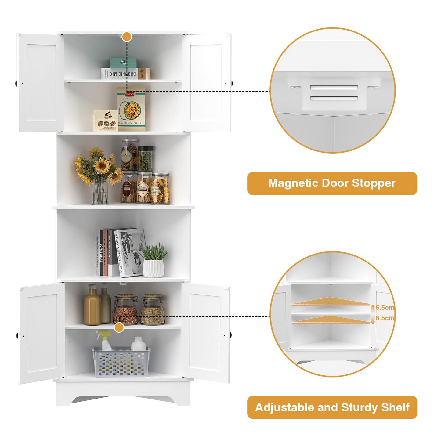 Yvsevnr 173cm Tall Corner Storage Cabinet Wooden 6-Tier Corner Shelf Unit 4 Wooden Doors and 6 Shelves Space Saving Freestanding Sideboard Corner