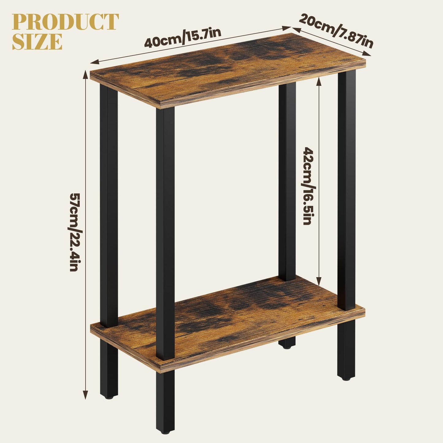 Small Narrow Side Table, 2-Tier for Living Room, Bedroom,Brown,40x20x57cm