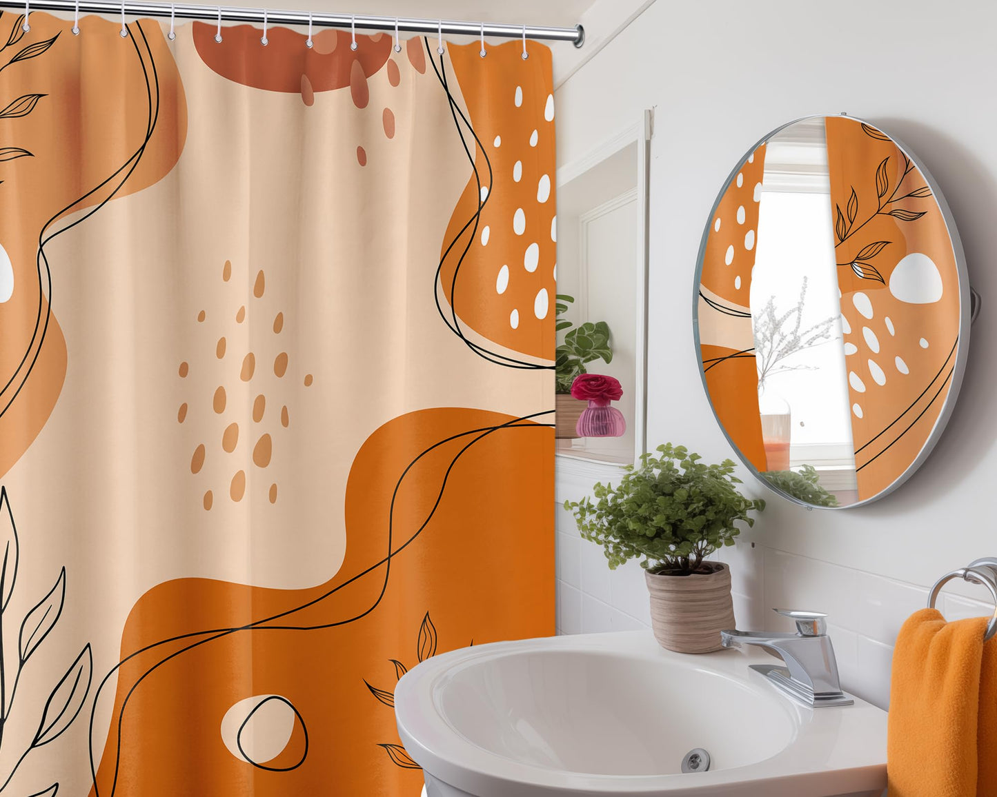 LanZanthic Burnt Orange Shower Curtains for Bathroom Orange Mid Century Modern Wet Room Shower Curtain with hooks, Mould Proof Resistant, Waterproof