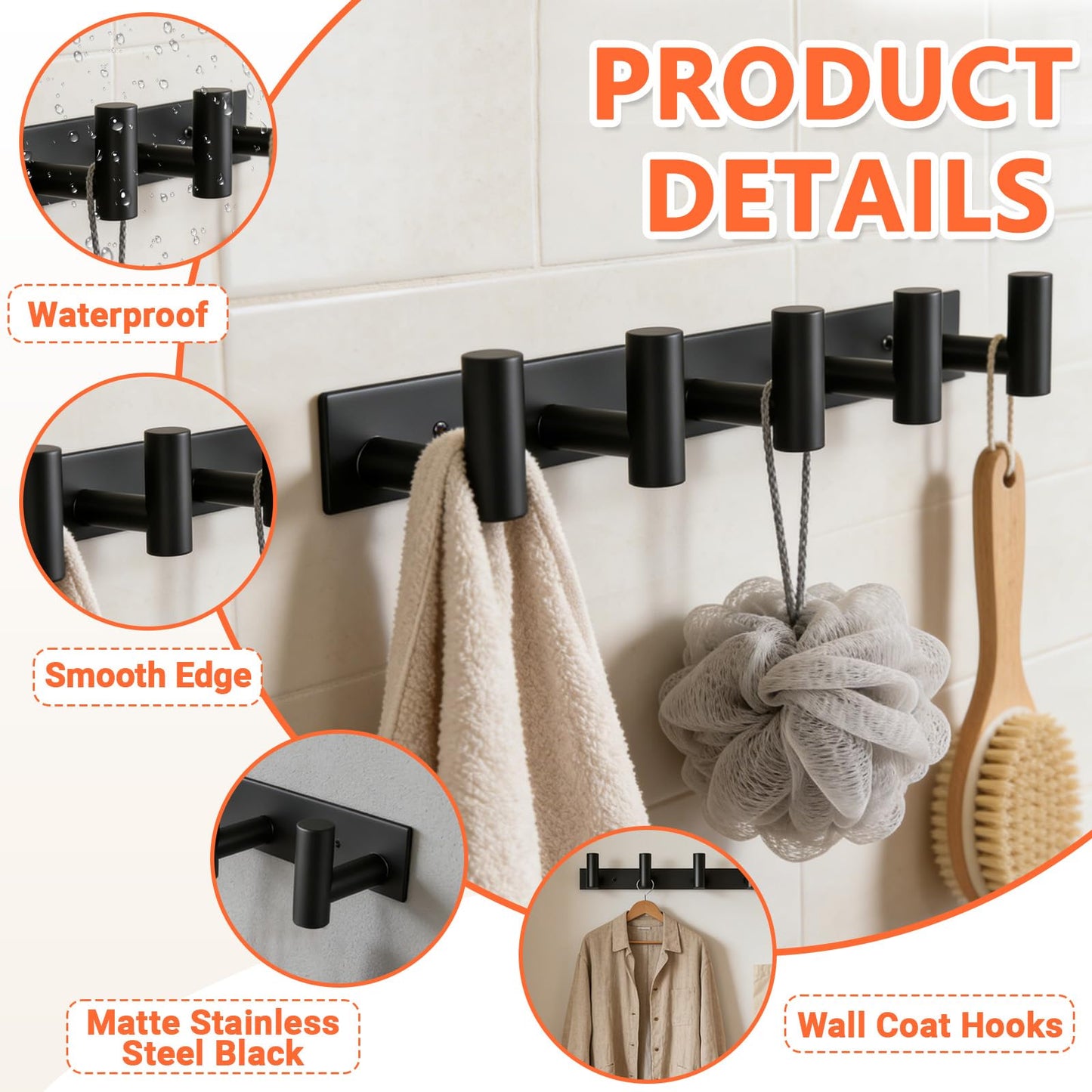 Matte Black Steel Wall Coat Rack 15.6in, 5 Hooks for Bathroom Hallway