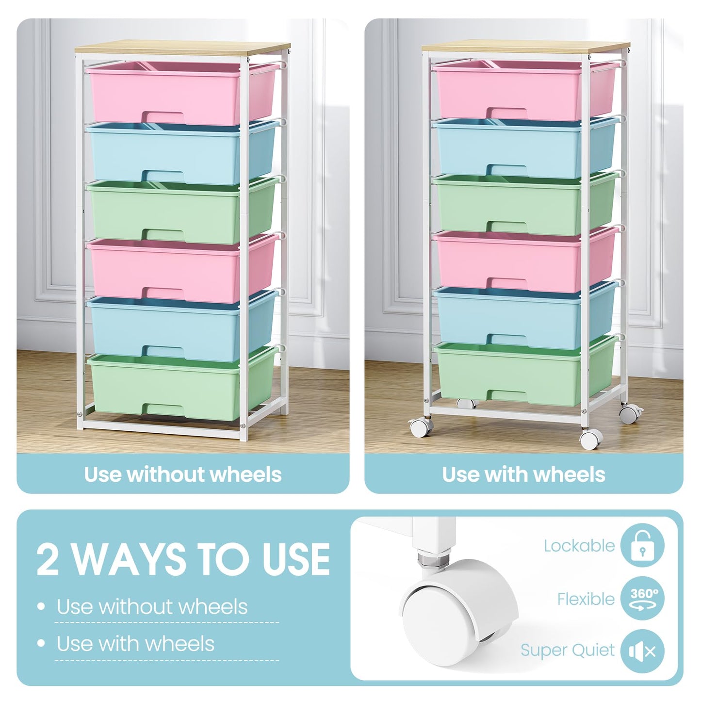 6-Drawer Craft Organizer Trolley Cart with Wooden Top