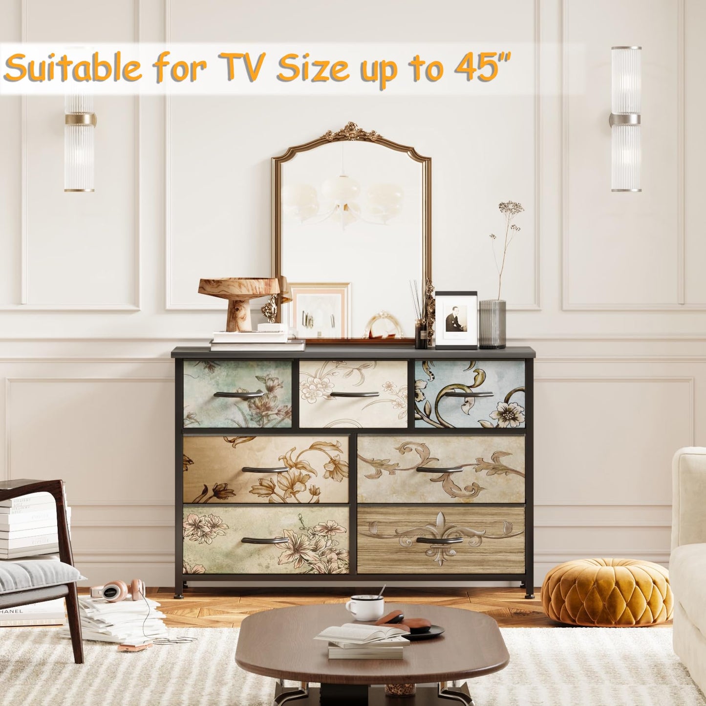 COTUBLR Chest of Drawers with 7 Drawers Tall Dresser for Bedroom Retro Floral Pattern Clothes Storage Organiser Unit for Living Room Entryway Closet