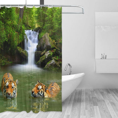YUAOEUR 3D Garden Shower Curtain 79x72 Inch Tropical Waterfall Tigers Lake Jungle Forest Picture Outdoor Garden Green Trees Bathroom Personalized
