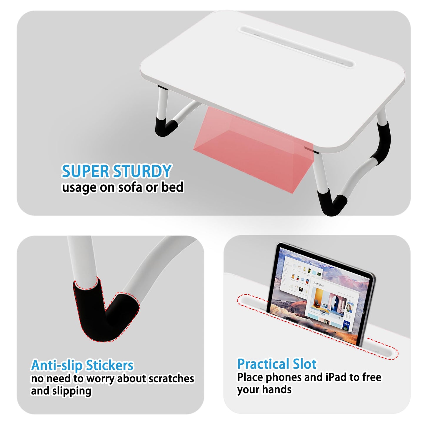 Small Laptop Bed Desk - Lap Desk 48 x 30cm for Breakfast Tray Table, Eating, Reading, Writing, Working, Laptop Stand for Bed, Sofa, Office and Home