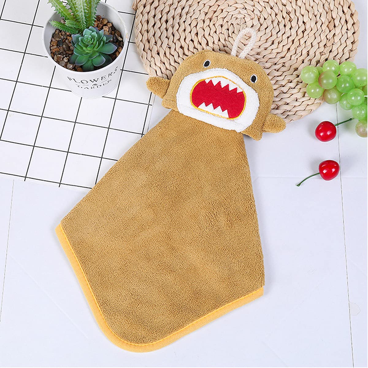 FOMAISELF 3Pcs Cartoon Shark Hand Towels with Hanging Loop, Soft Absorbent Kids Adults Towel, Cute Bathroom Kitchen Hand Towel Yellow Blue Grey