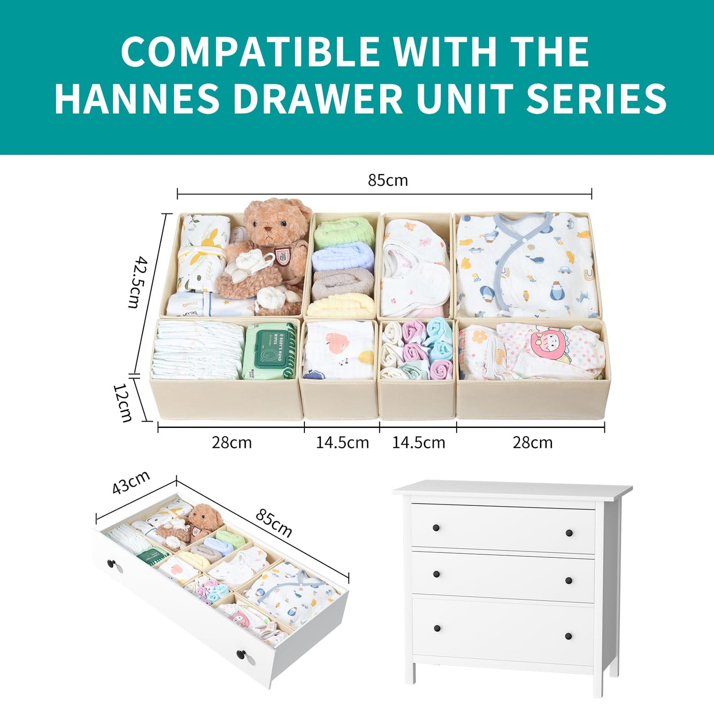 ORLISA 8 Pack Drawer Organiser for IKEA Hemnes, Wardrobe Storage Organiser with PP Panels, Foldable Fabric Drawer Dividers for Clothes, Underwear