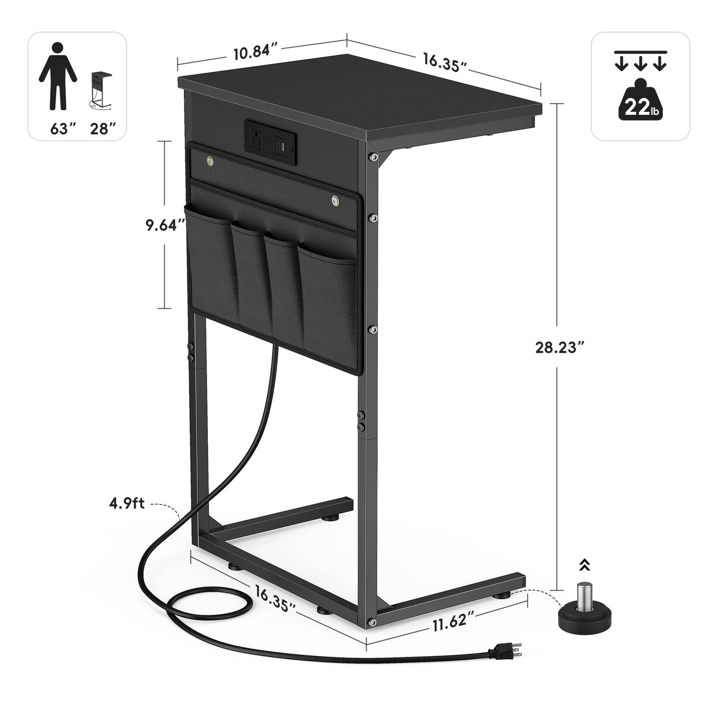 Vagusicc C Shaped End Table with Charging Station, 28" Tall Couch Side Table, Sofa Table Beside Table, Slide Under Sofa Arm C Table for Small Spaces