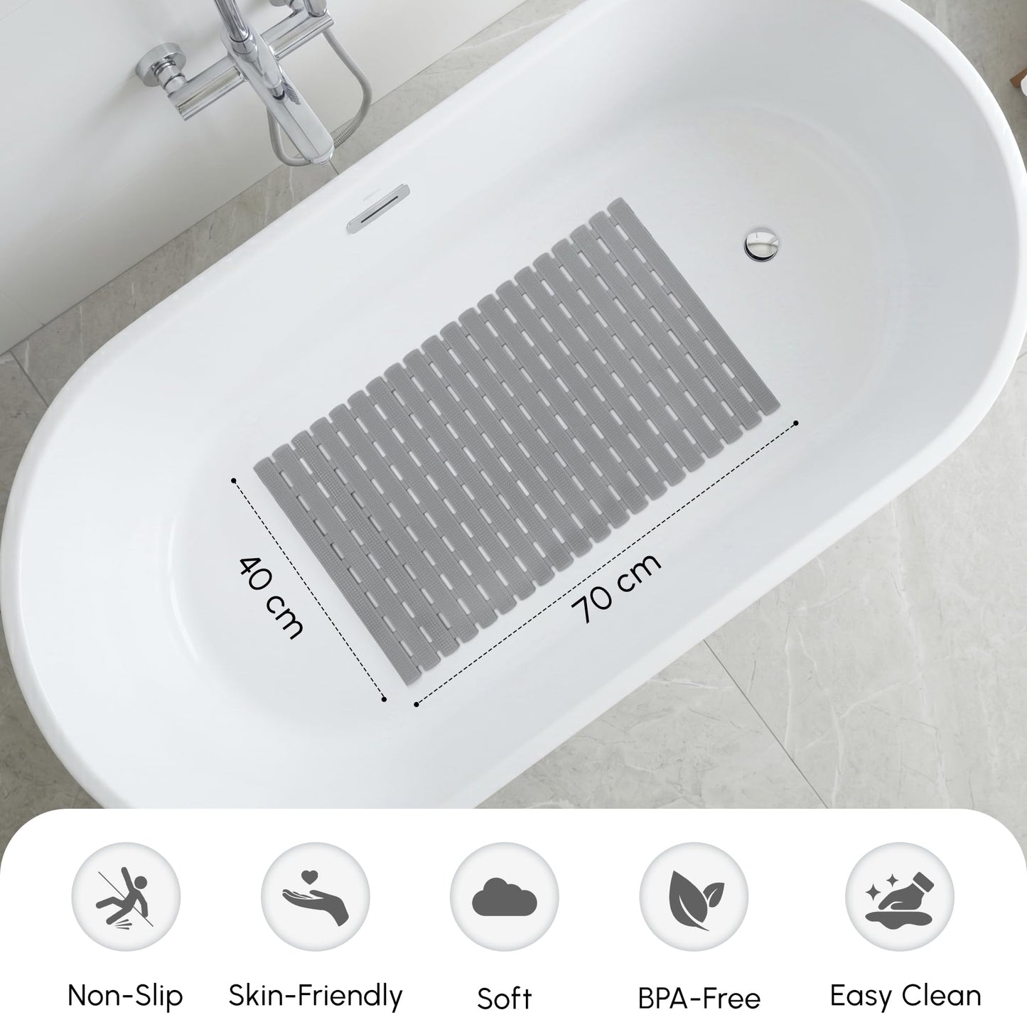 WELTRXE Bath Mat Non Slip Anti Mould, 70 x 40cm Anti Slip Bath Mat for Tub, Super Soft Bathtub Mat