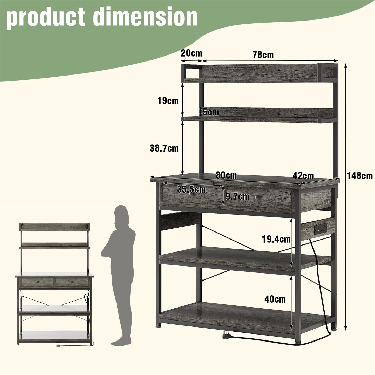 Flrrtenv 5-Tiers Bakers Rack, Kitchen Storage Shelves with 2 Drawers, Coffee Bar with Power Socket, Kitchen Storage Unit Metal Frame & Wooden Board