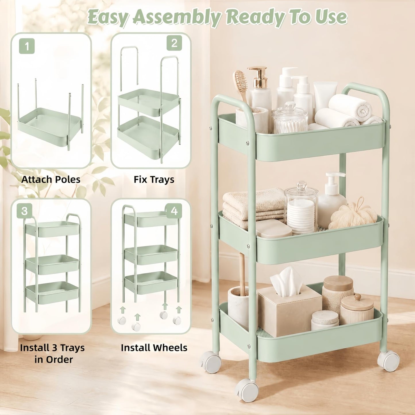 Siocok 3 Tier Metal Storage Trolley on Wheels, Storage Cart, Rolling Utility Cart, Easy Assembly for Home Kitchen, Bathroom Laundry and Office (Green)