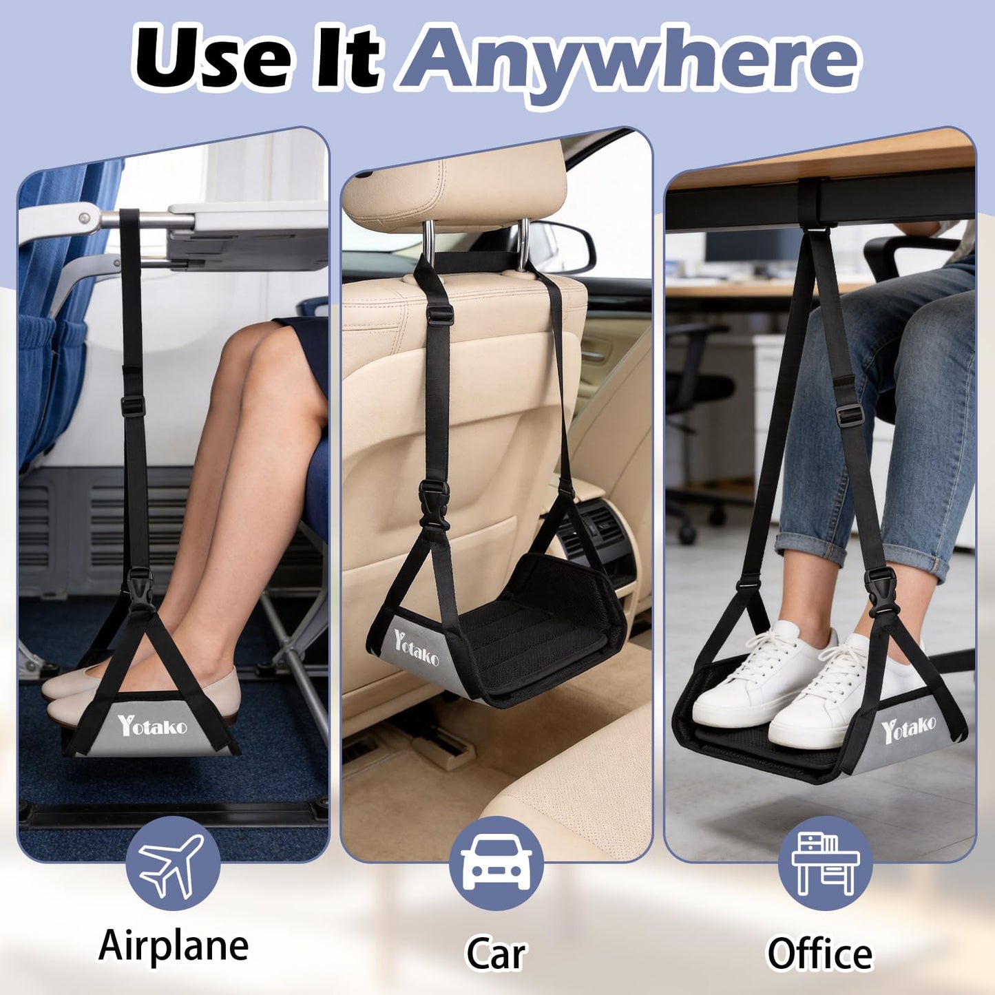 Yotako Foot Hammock for Flight - Adjustable Travel Airplane Foot Rest with Memory Foam & Bamboo Support, Portable Leg Hammock for Long Flights