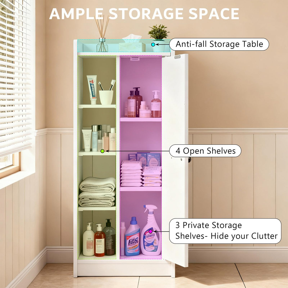 Feonase Bathroom Storage Cabinet, Slim Bathroom Storage Unit with 4 Open Storage Shelves, Adjustable Shelf & Magnetic Door