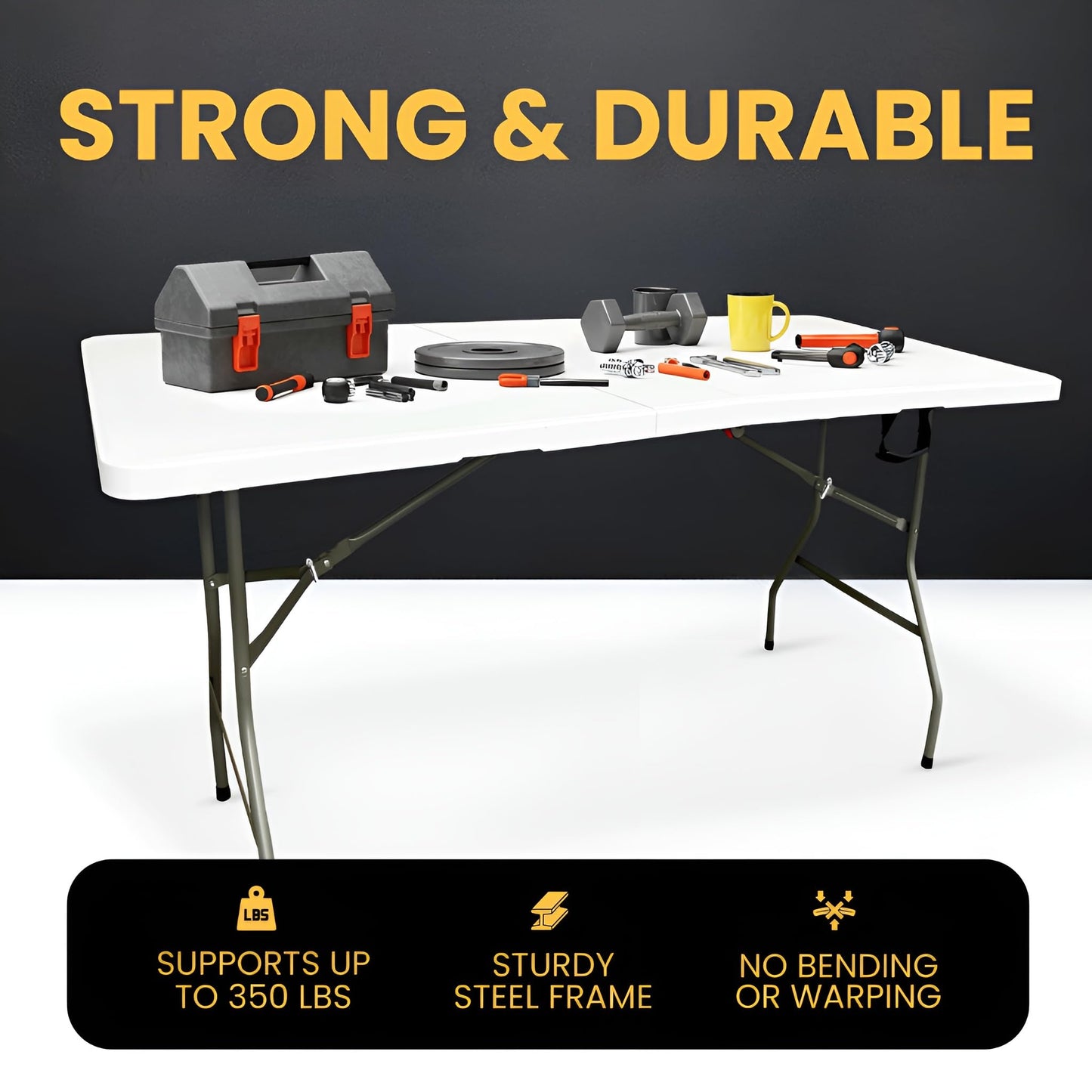 6ft Heavy Duty Folding Table - Fold in Half with Carry Handle - Portable Indoor Outdoor for Garden, BBQ, Car Boot Sale, Camping, Pasting, Party
