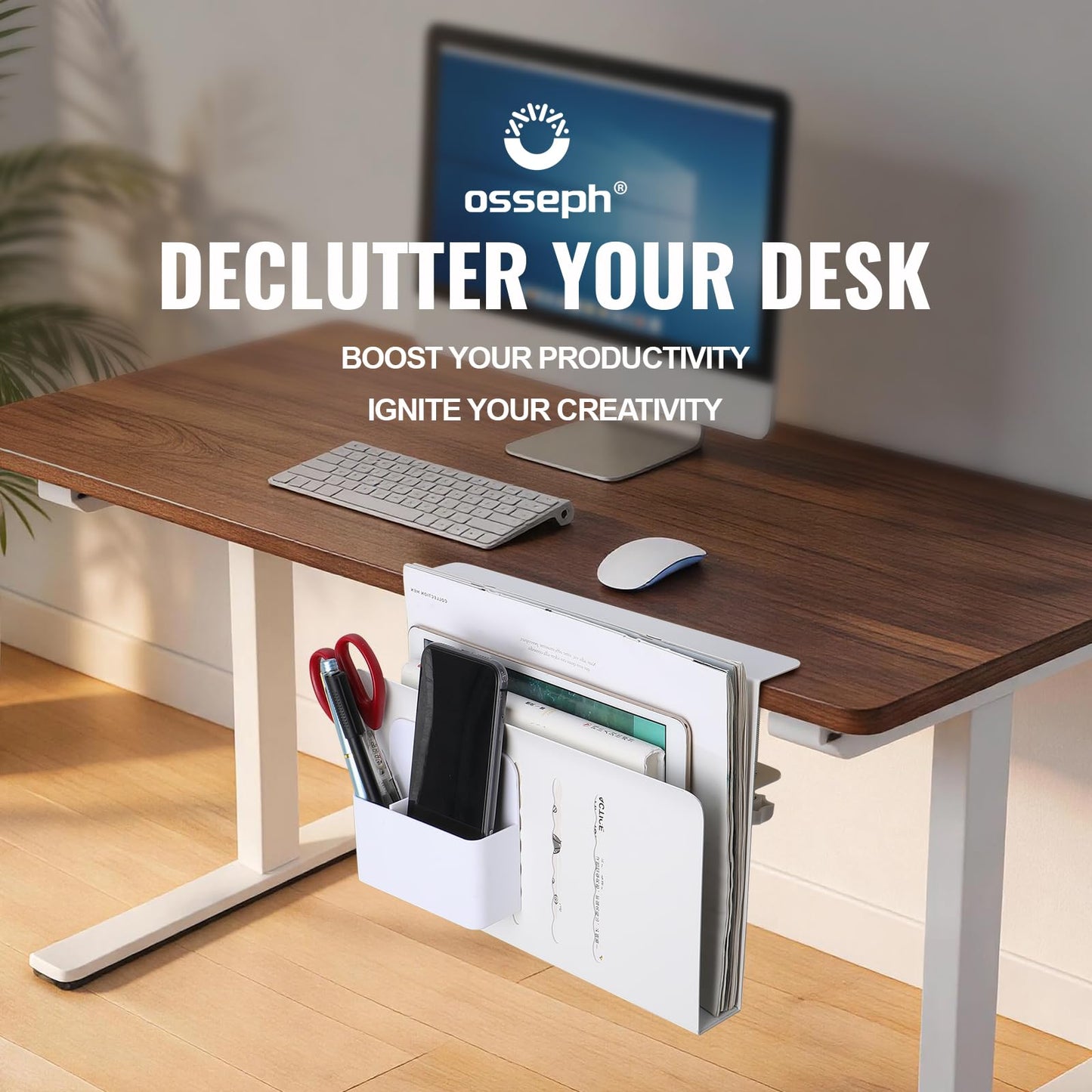 Osseph 2 In 1 Side Desk Storage, 12 x 8 Inch Clamp On Organizer With Anti-Scratch Pad & Magnetic Pen Holder
