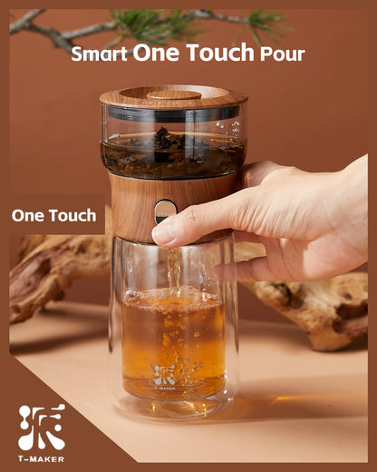 ZENS Modern Solo Tea Infuser Teapot, Smart One Touch Drip Tea Pot for Loose Tea Diffusers, Small Glass Gongfu Magical Teapot with 270ml Insulated Cup