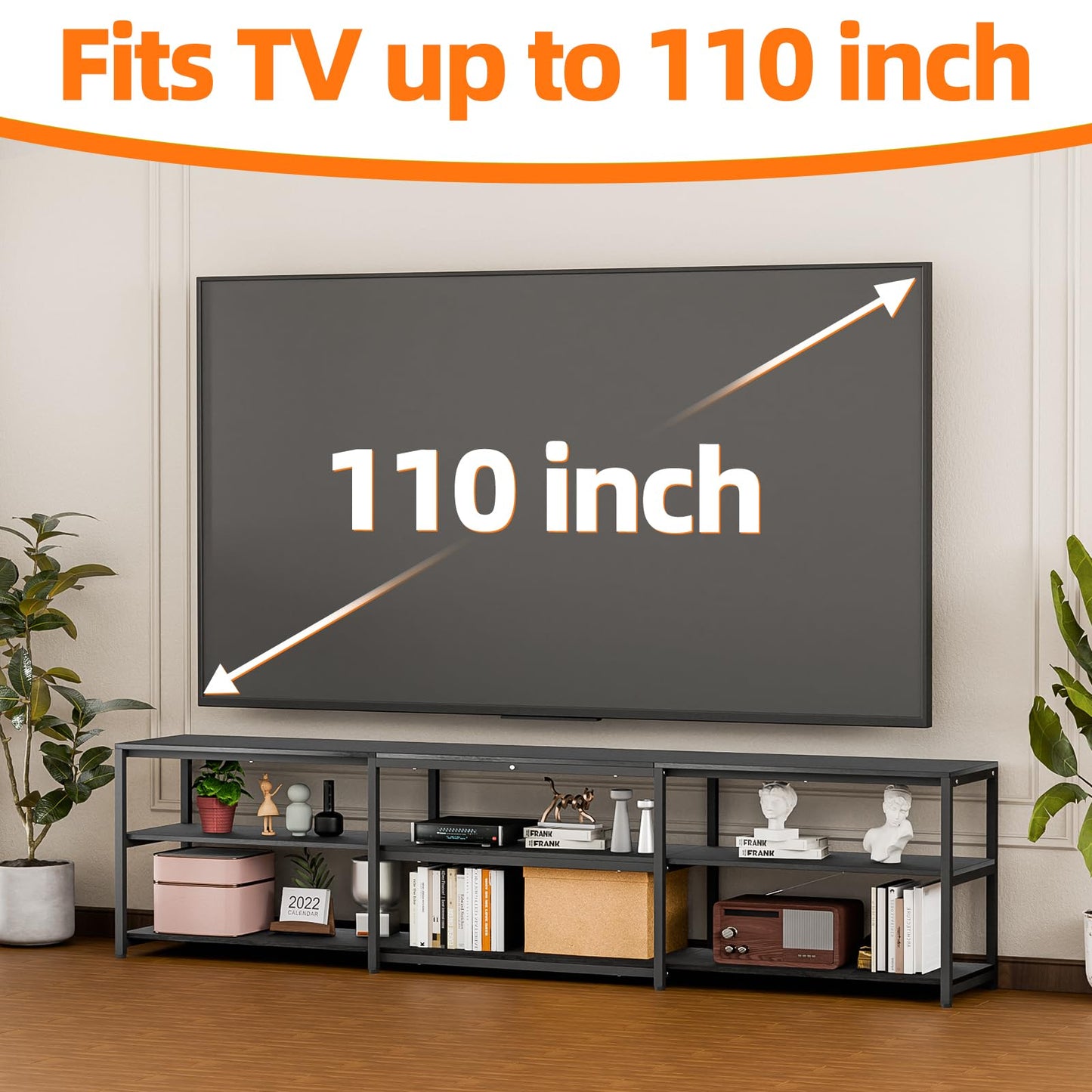Aquzee 100 Inch TV Stand Cabinet, 249 cm Wide Large TV Unit for 85" - 110" TV, 3-Tier Wood TV Console Table with Open Storage Shelves