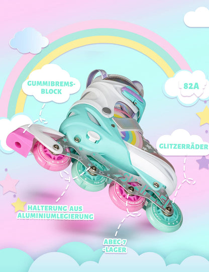 SULIFEEL Rainbow Unicorn Adjustable Light up Inline Skates for Kids Girls and Boys Beginner Skates with Illuminating Wheels,Large