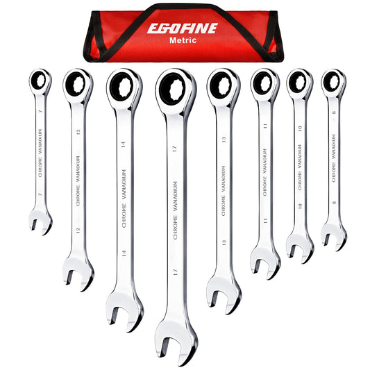 EGOFINE 8-Piece Ratcheting Wrench Set, Cr-V Steel Mertic Wrench Set from 7mm to 17mm Wrench, 72 Teeth Ratchet Wrench, 12 Point Open End & Box End