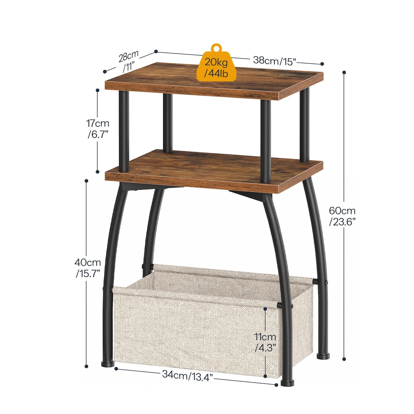HOOBRO Narrow Side Table, 3-Tier Small Table with Linen Storage Basket, Sofa Side Tables for Small Space