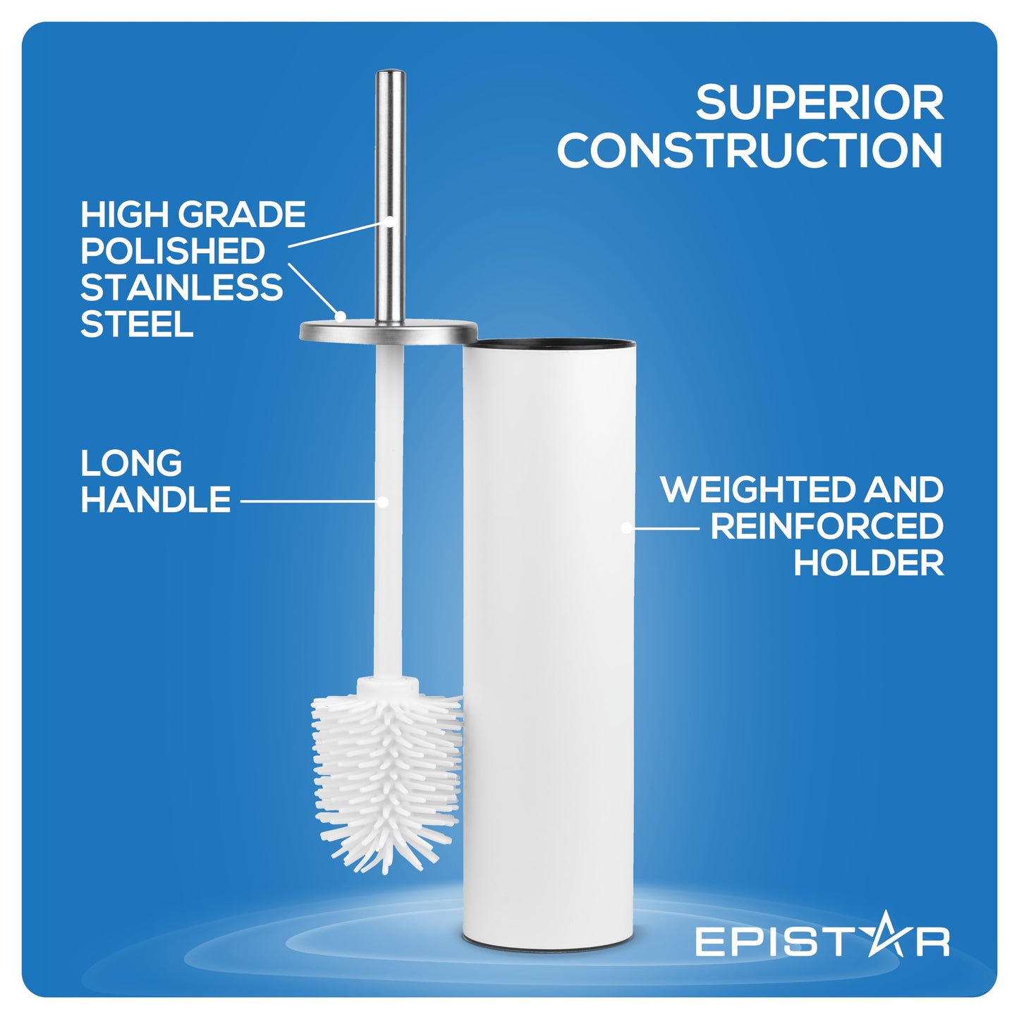 EPISTAR Silicone Toilet Brush & Holder Set - Stainless Steel - Replacement Heads Available - 45cm Tall - Toilet Brush Silicone with Long Handle