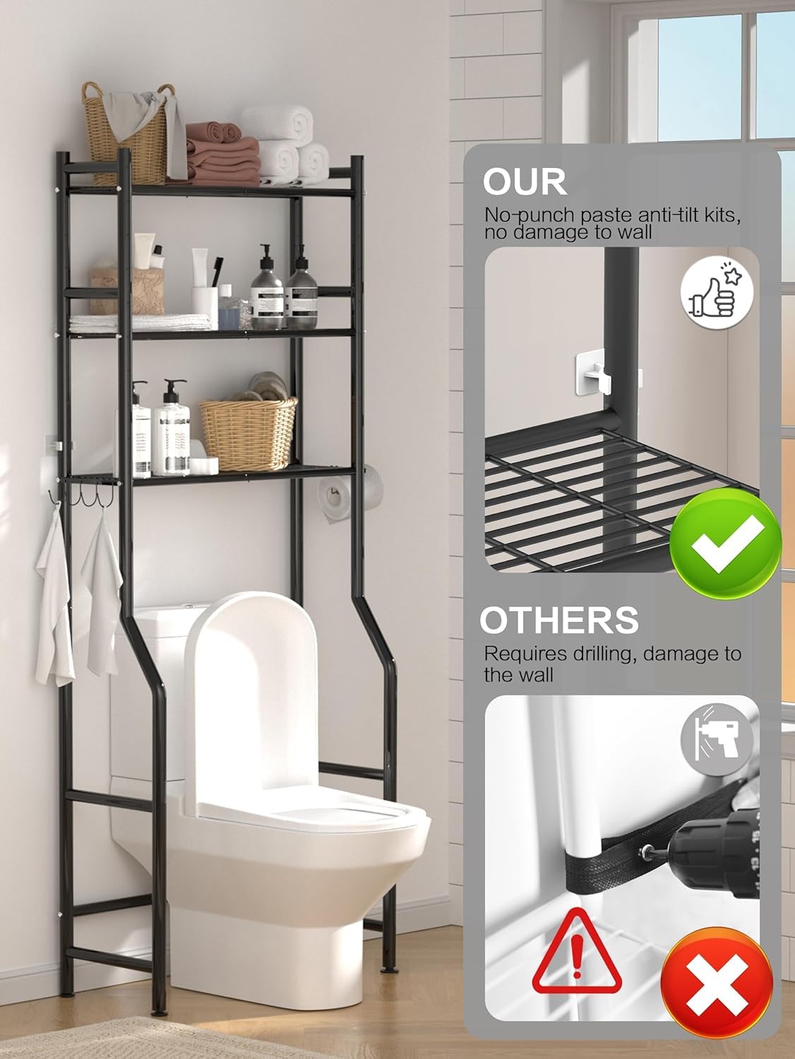 GloTika 3-Tier Over The Toilet Storage, Space Saver Metal Bathroom Shelves, Freestanding Above Over Toilet Storage Shelf with 4 Hooks for Bathroom