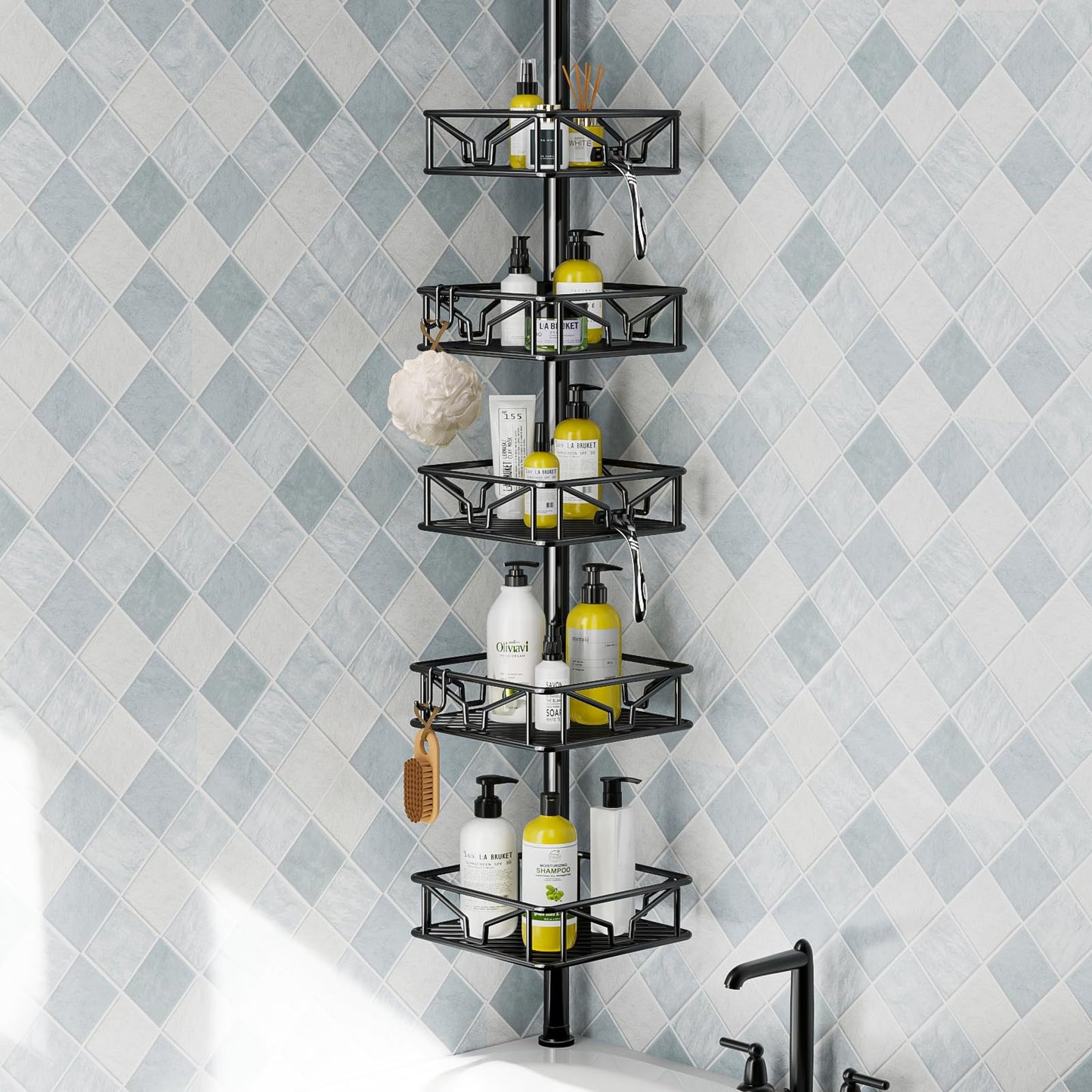 Mutool Adjustable Shower Shelf, Telescopic Shower Caddy with Hooks, No Drilling Corner Shelf with 5 Trays