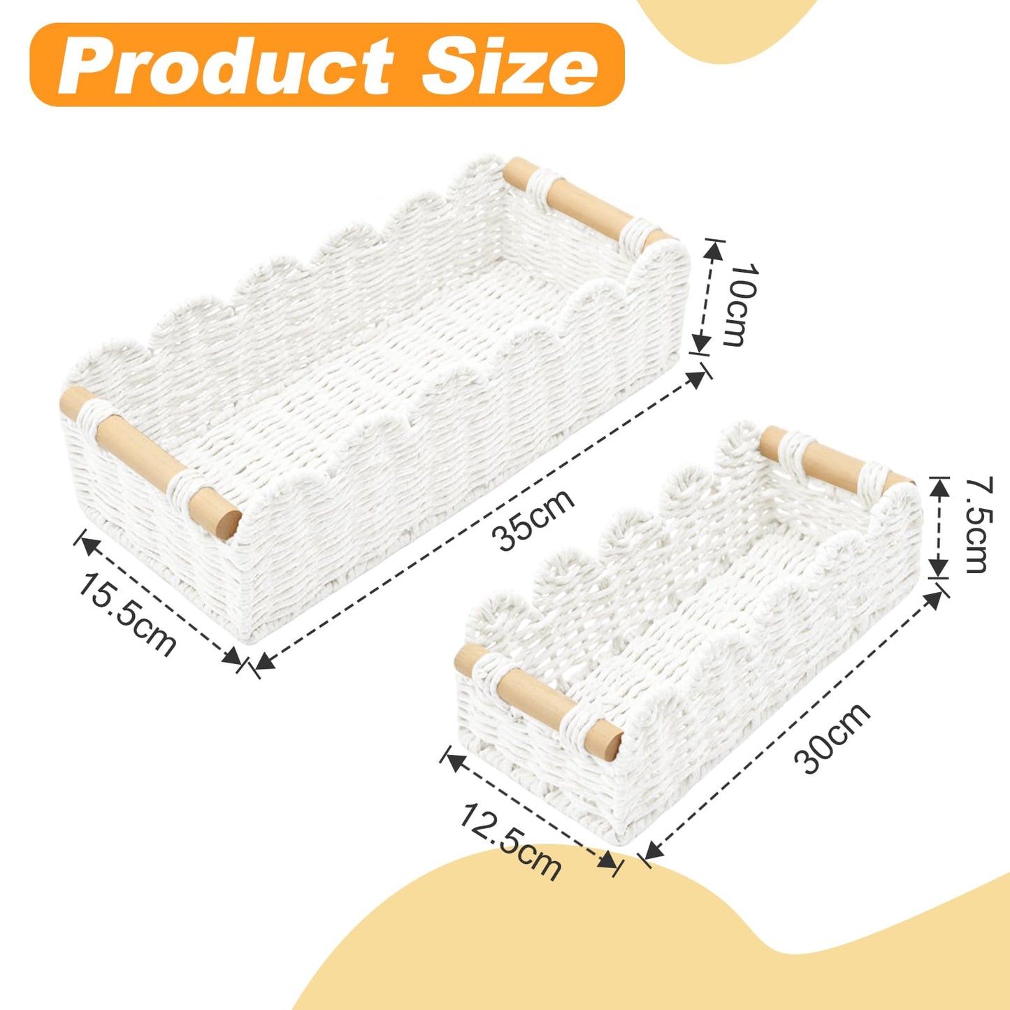 Yiomxhi 2 Pcs Wicker Storage Baskets, Woven Organizer Bins with Wooden Handles, Rope Scalloped Edge Toilet Paper Baskets for Bathroom, Shelf, Kitchen