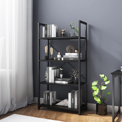 VERMESS Industrial Bookshelf, 4-Tier 24inch Black Shelving Unit Wood Bookcase with Open Shelves, Rustic Standing Bookshelves Metal Frame Display Rack