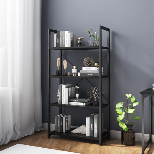 VERMESS Industrial Bookshelf, 4-Tier 24inch Black Shelving Unit Wood Bookcase with Open Shelves, Rustic Standing Bookshelves Metal Frame Display Rack
