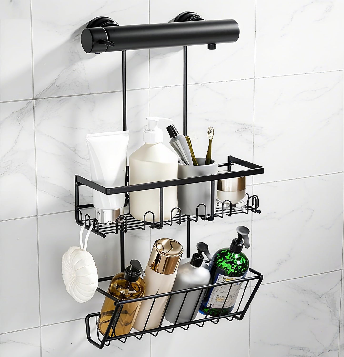 RUIHANDA 2-Tier Shower Caddy Hanging, Shower Caddy No Drilling, Black