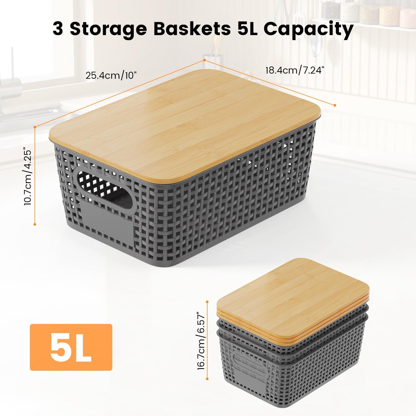 Shrivee Set of 3 Storage Boxes with Bamboo Lid, 5 L Storage Basket, Plastic Basket Storage, Kitchen Storage Boxes for Shelves, Cupboards