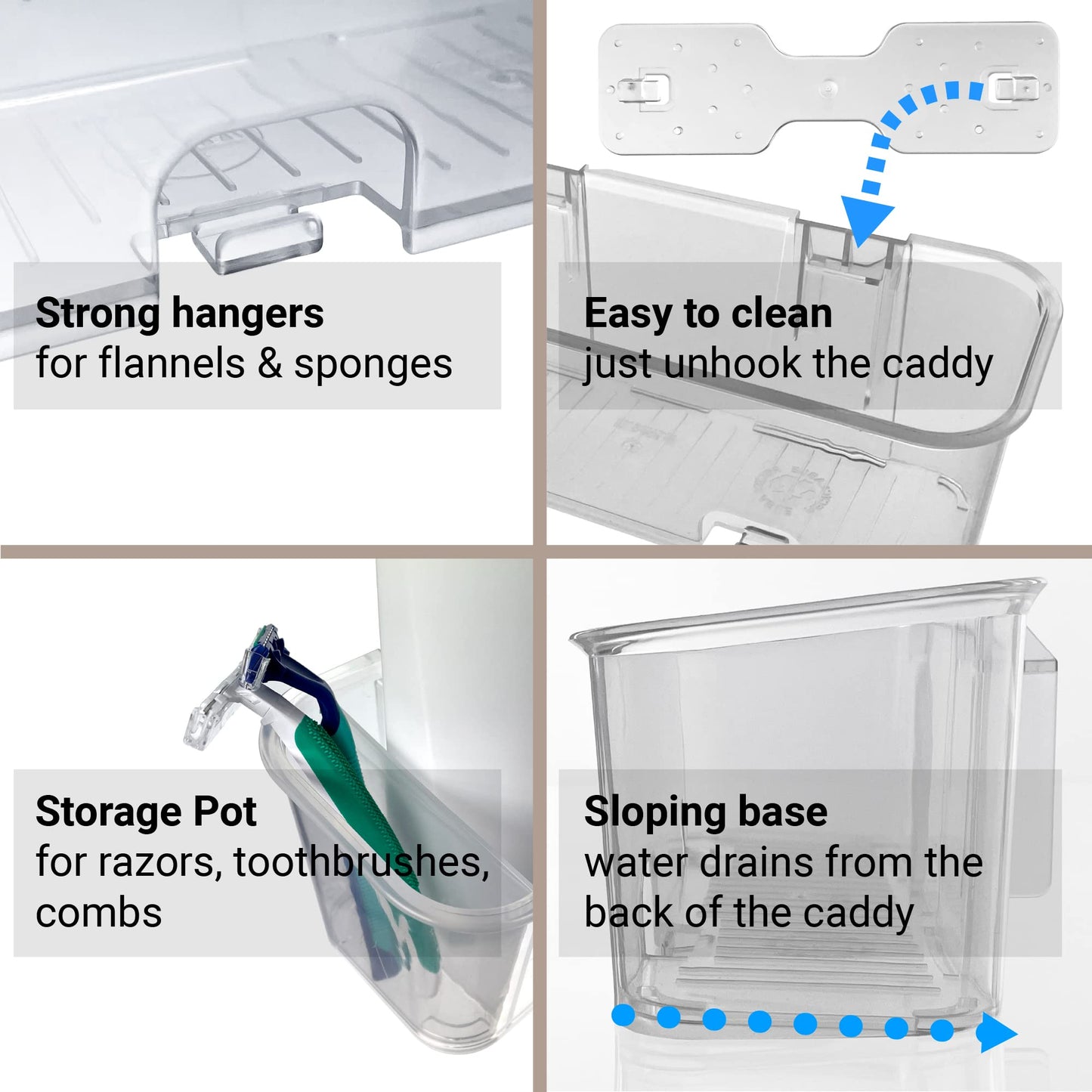 S.B.Weston SBW Shower Caddy, Rust Proof Wall Mounted Bathroom Shower Organiser Storage Shelf Rack Caddies with Hangers, No-Drilling