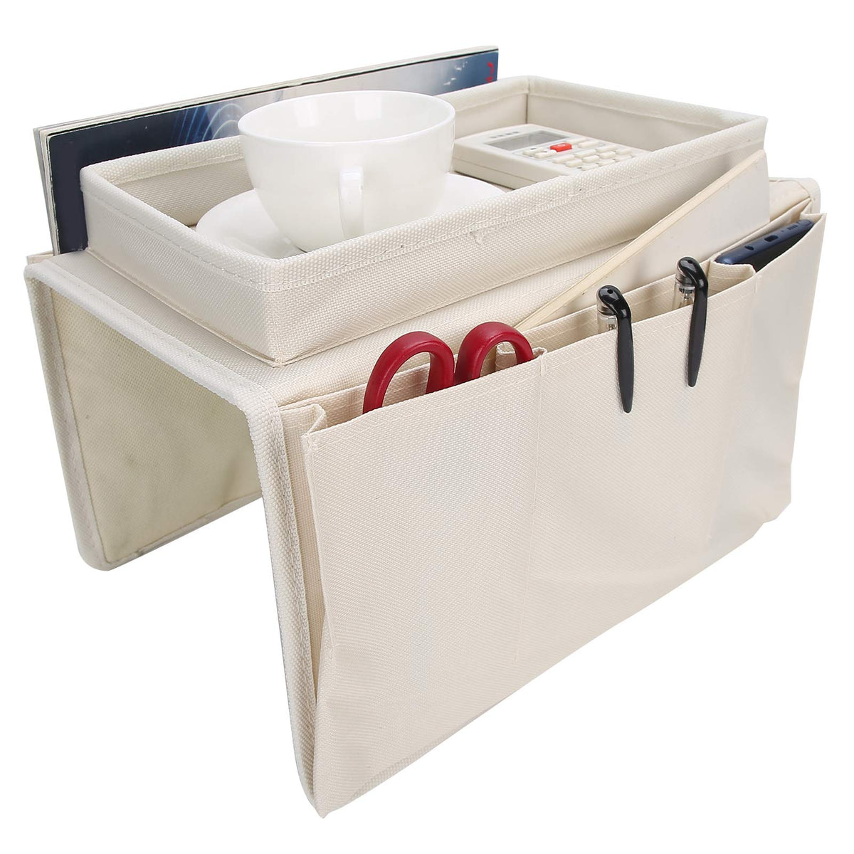 Fdit Armrest Organizer Remote Control Holder with 4 Pockets Couch Sofa Chair Armchair Caddy with Cup Holder TrayBeige