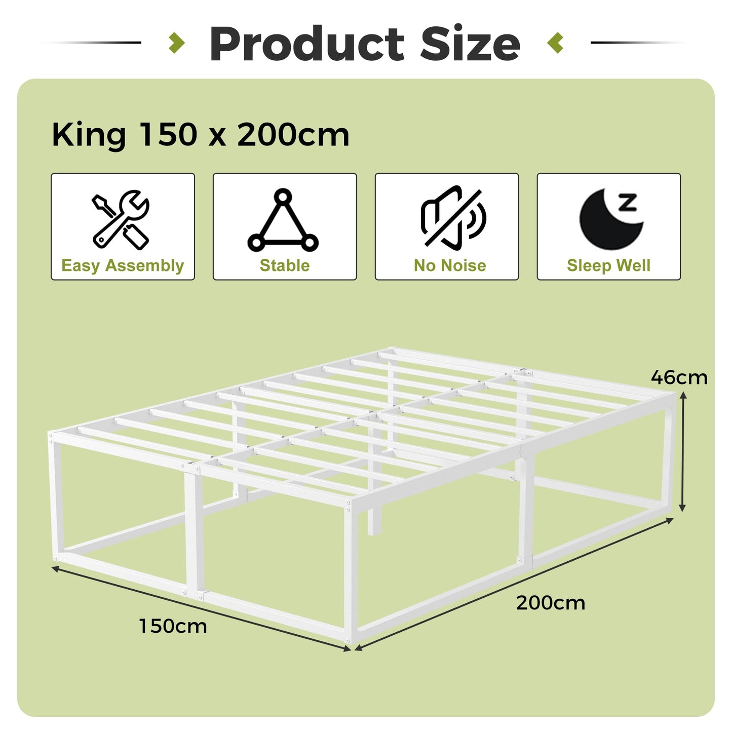 EMODA King Size Bed Frame 150x200 cm with Sturdy Slats Support, White
