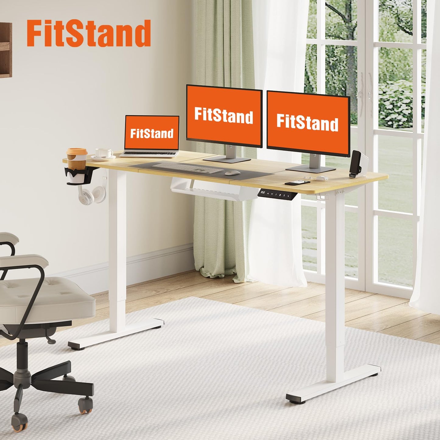 FitStand 140x60cm Electric Height Adjustable Standing Desk, Sit Stand Desk with Cablemanagement, Computer Desk With Hooks, Child Lock